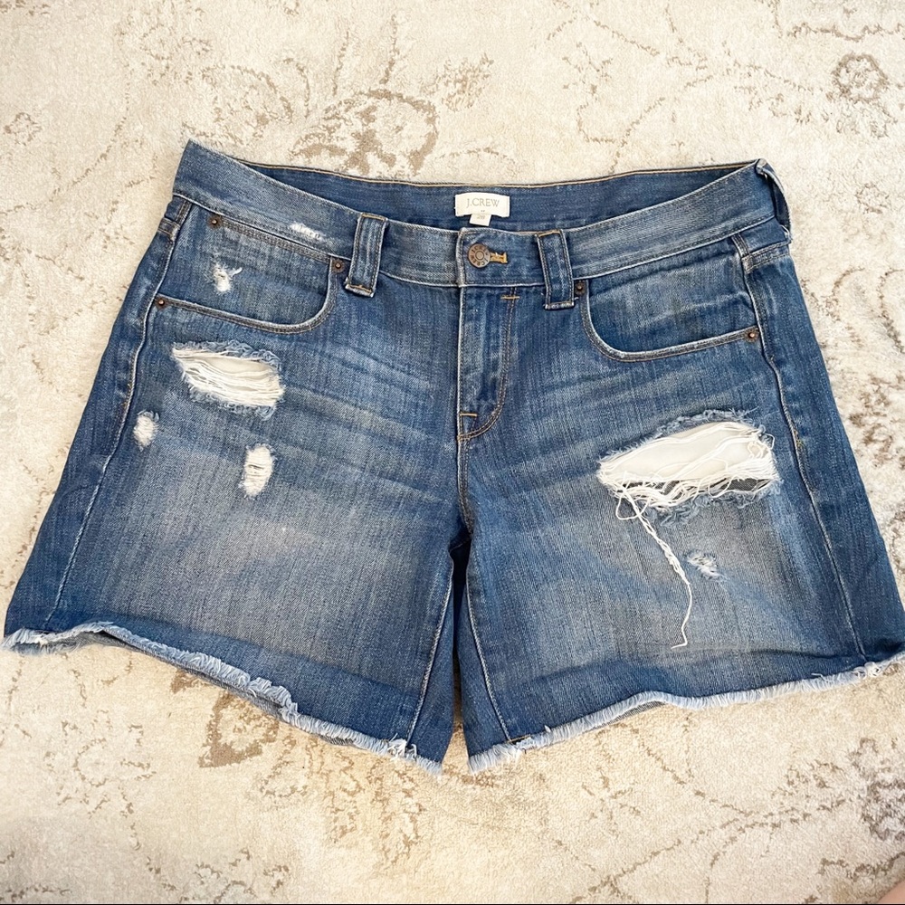 J Crew Distressed Medium Blue Wash Denim Shorts Size 28